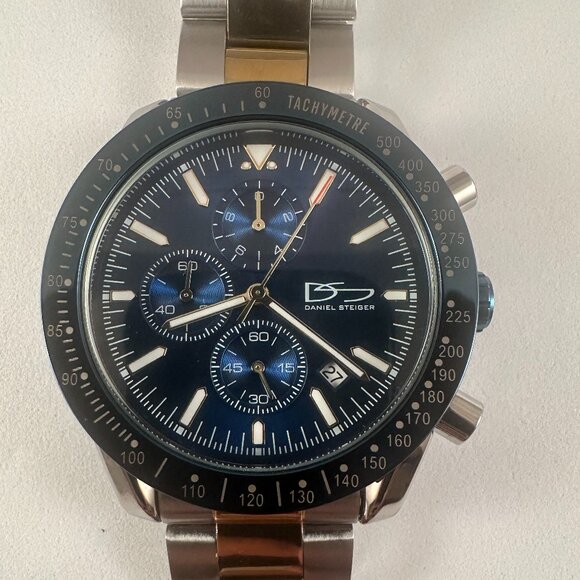 Daniel Steiger Chronograph Watch Blue Dial Two-Tone Bracelet Tachymeter Date - Picture 1 of 6